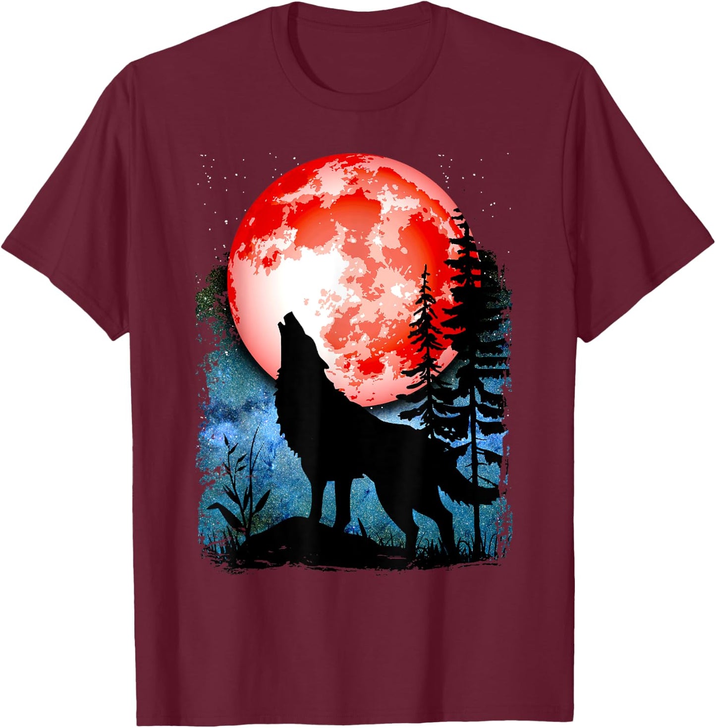Wolf Howls Red Blood Moon Galaxy Star Night T-Shirt - T-Shirt | Maroon