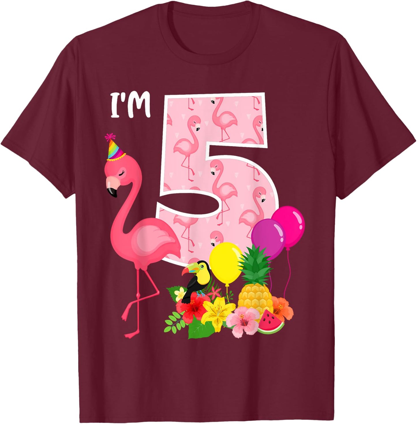 Flamingo Birthday I'm 5 Tropical Flamingo Theme 5th Birthday T-Shirt - T-Shirt | Maroon