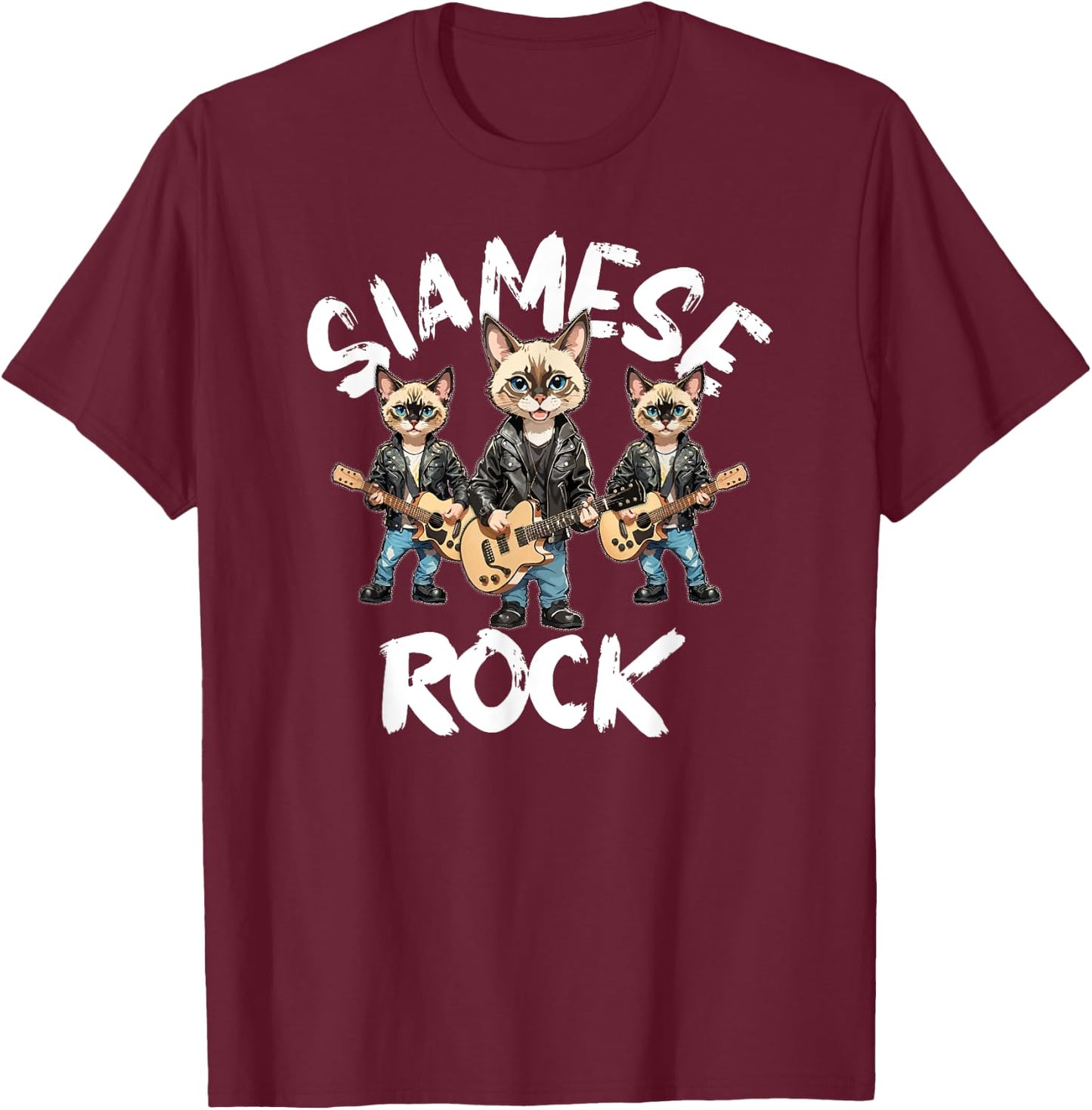 Siamese Cats Rock Cute Cool Furry Cat Trio Playing Guitar Men Women Kids T-Shirt - T-Shirt | Maroon