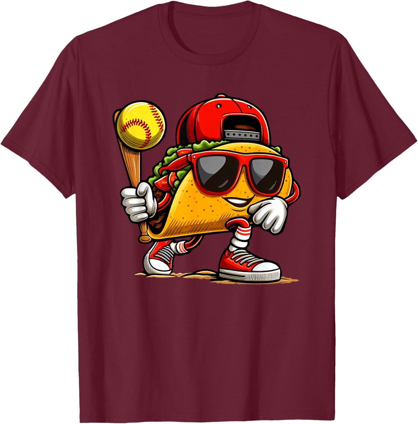 Taco Playing Softball Mexican Cinco De Mayo Kids Boys Men T-Shirt - T-Shirt | Maroon