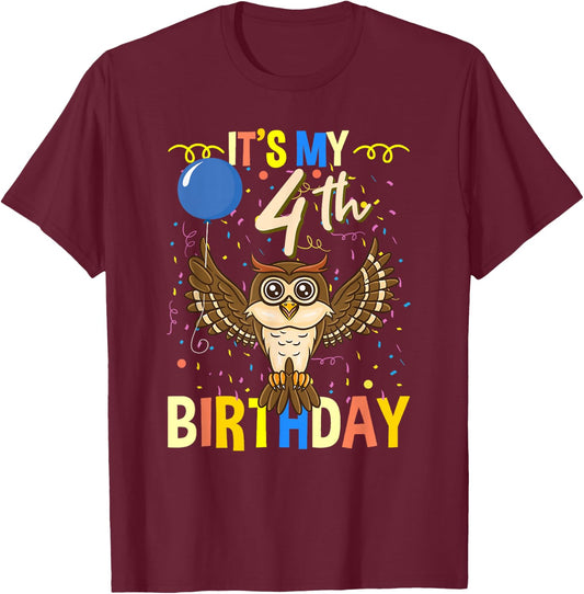 Its My 4th Birthday Owl Bird T-Shirt - T-Shirt | Maroon