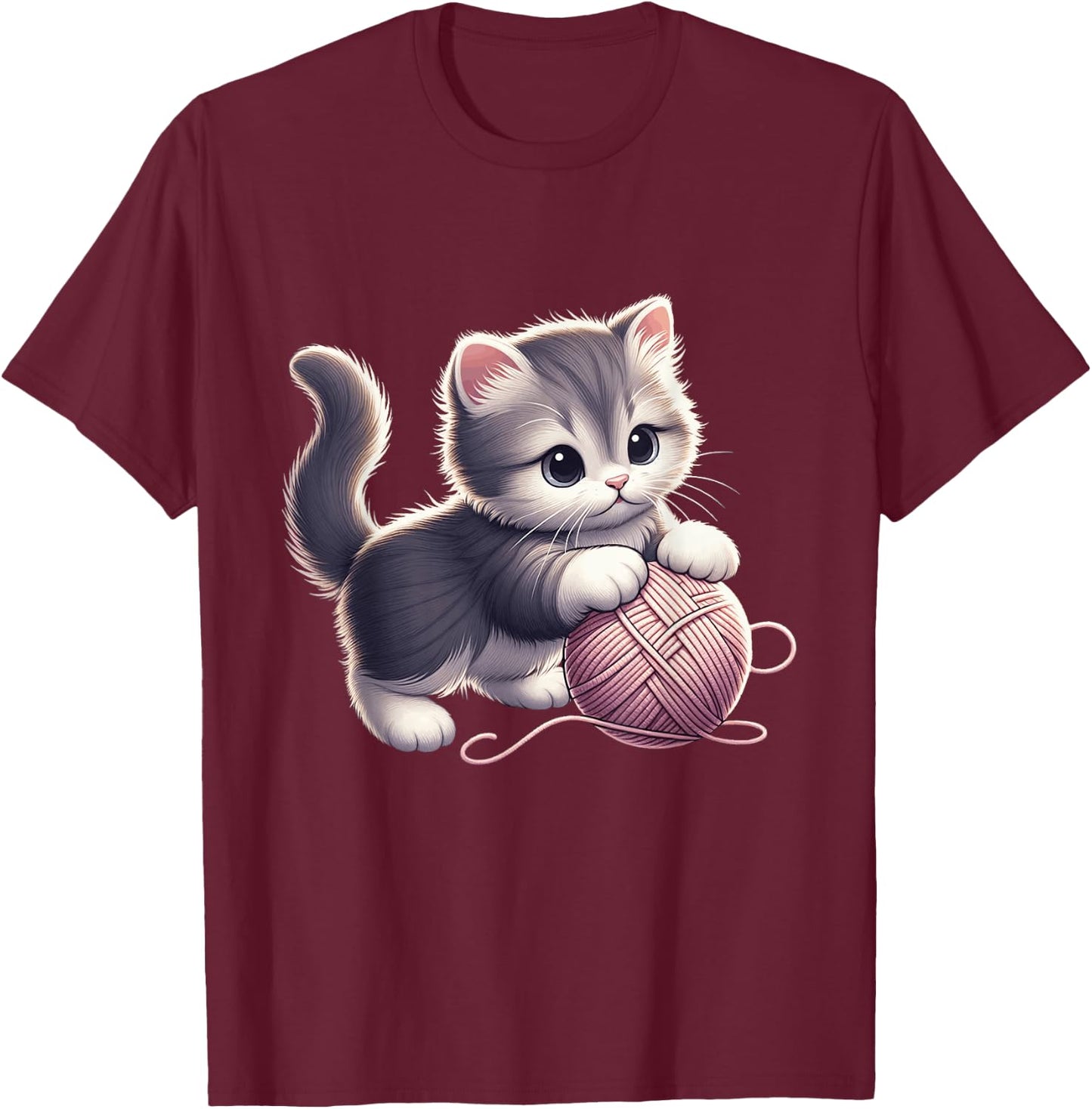 Cute Kitten Cat playing with Wool Ball Adorable Playful T-Shirt - T-Shirt | Maroon