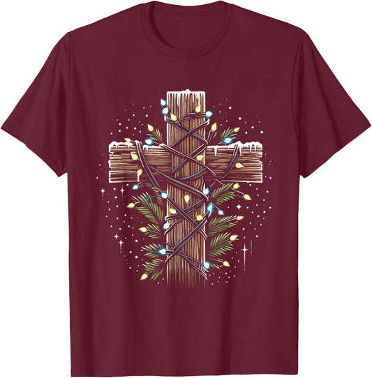 Jesus Cross Crucifix Christmas Lights - Jesus Christ Faith T-Shirt - T-Shirt | Maroon