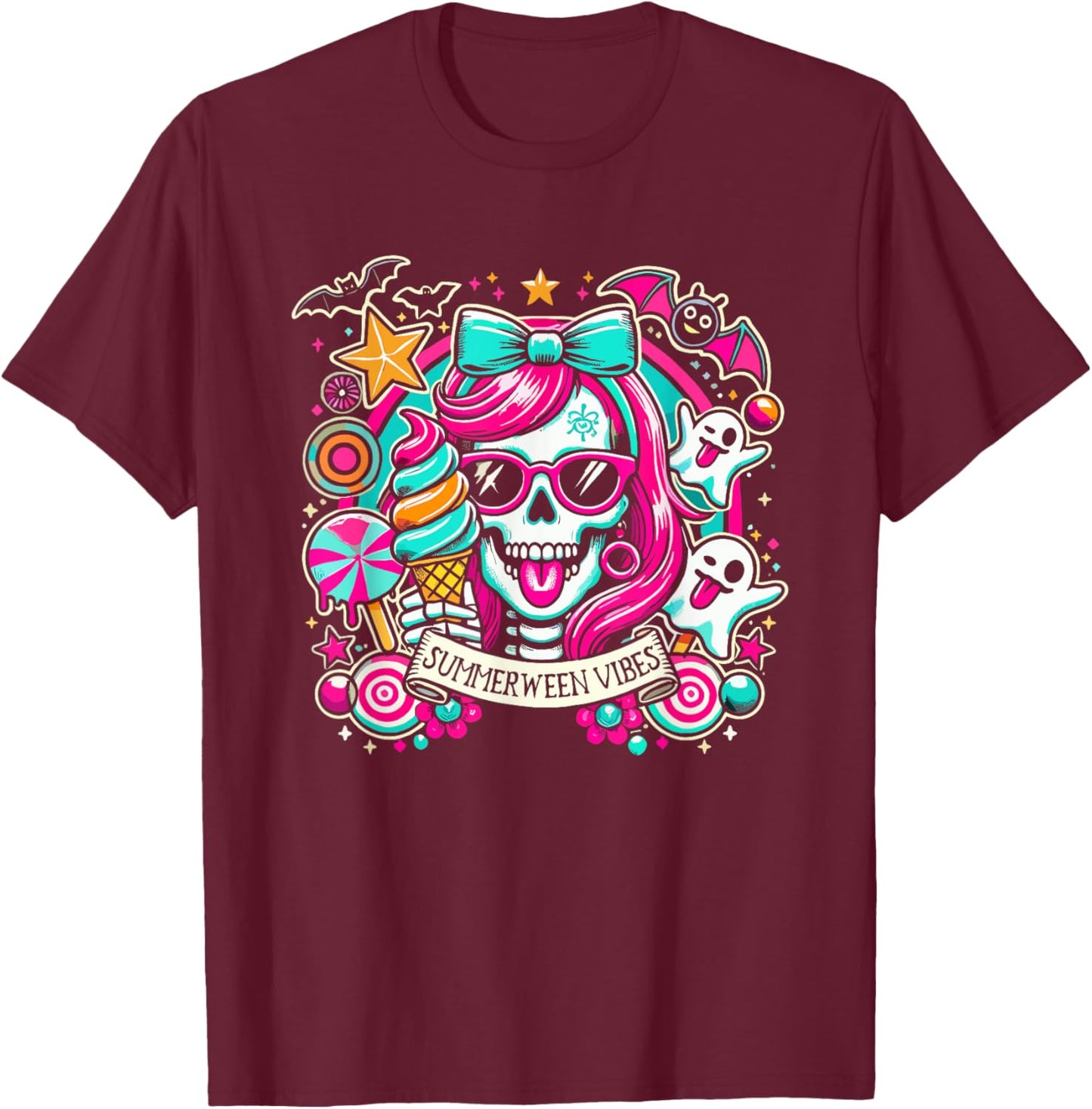 Summerween Vibes Skeleton Spooky Vacation Halloween Summer Women Kids T-Shirt - T-Shirt | Maroon