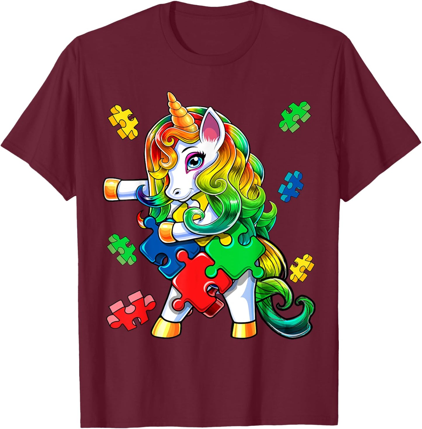 Autism Awareness Flossing Unicorn Puzzle Piece Gift Kids T-Shirt - T-Shirt | Maroon