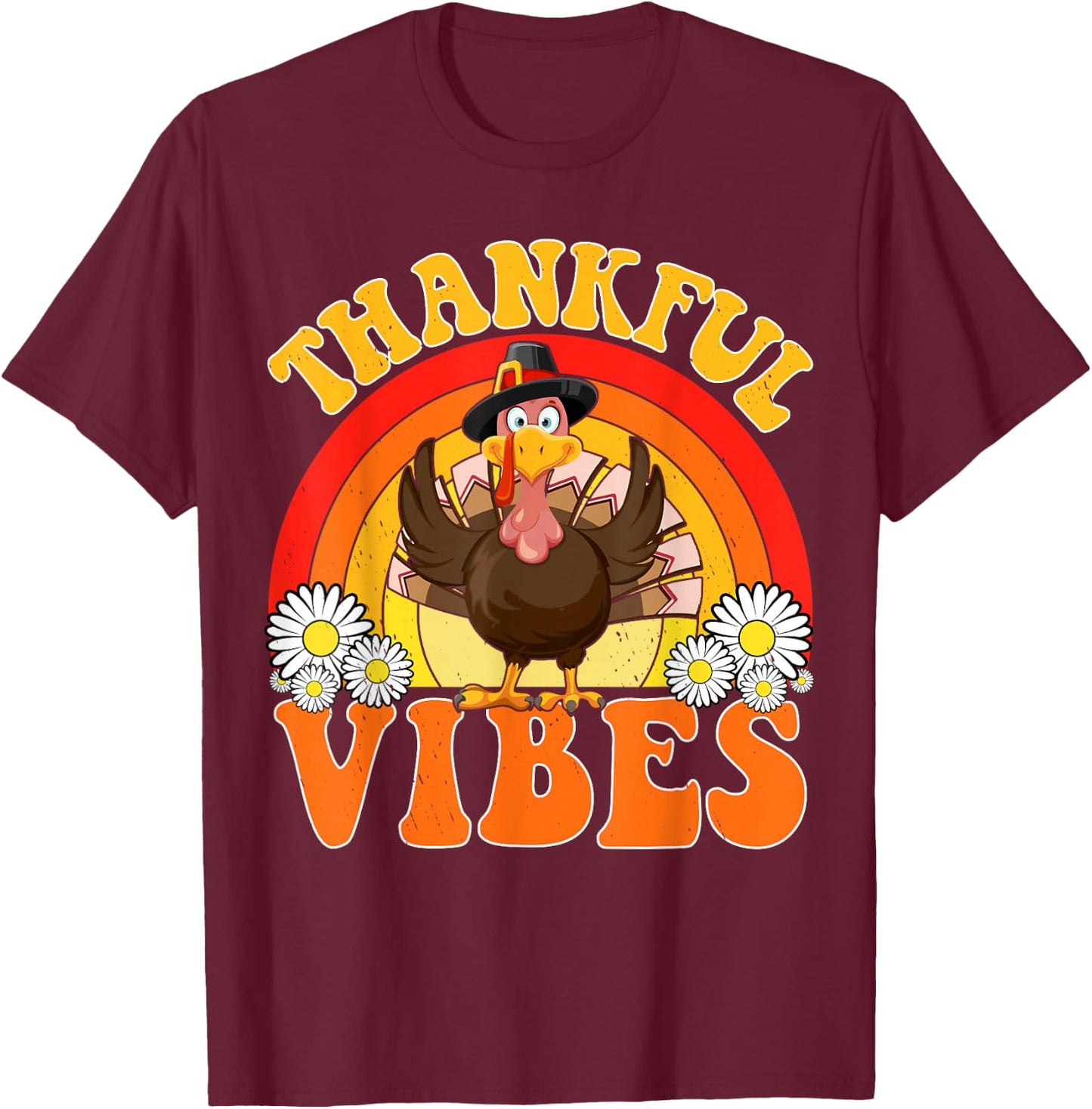 Thankful Vibes Turkey Rainbow Cute Fall Retro Thanksgiving T-Shirt - T-Shirt | Maroon