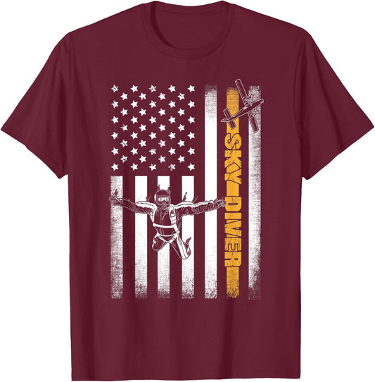 Funny Skydiving Gift Parachuting American Skydiver USA Flag T-Shirt - T-Shirt | Maroon