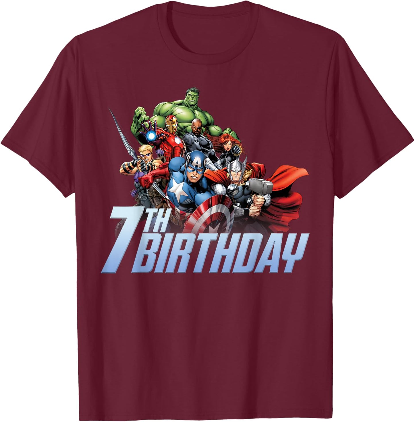 Marvel Avengers Action Shot 7th Birthday T-Shirt - T-Shirt | Maroon