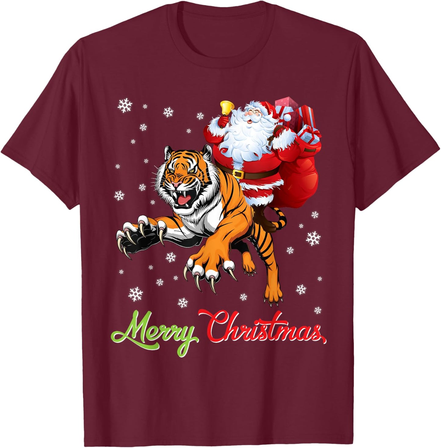 Santa Claus With Xmas Gift Riding Tiger Merry Christmas Day T-Shirt - T-Shirt | Maroon