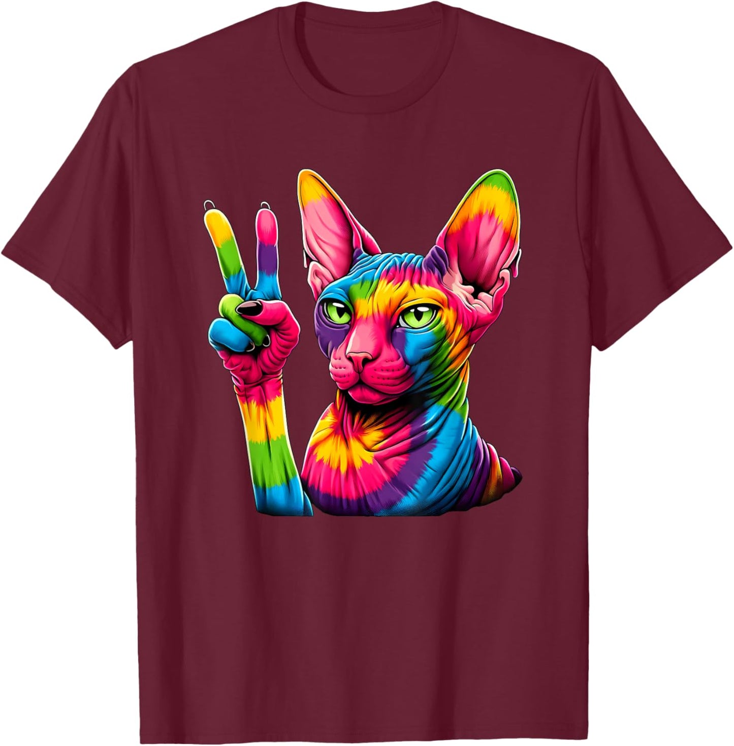 Peace Sign Tie Dye Hairless Sphinx Cat T-Shirt - T-Shirt | Maroon