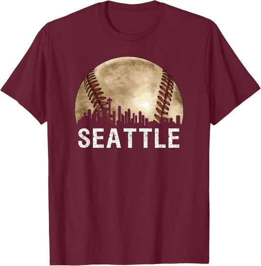 Seattle Skyline City Vintage Baseball Lover T-Shirt - T-Shirt | Maroon