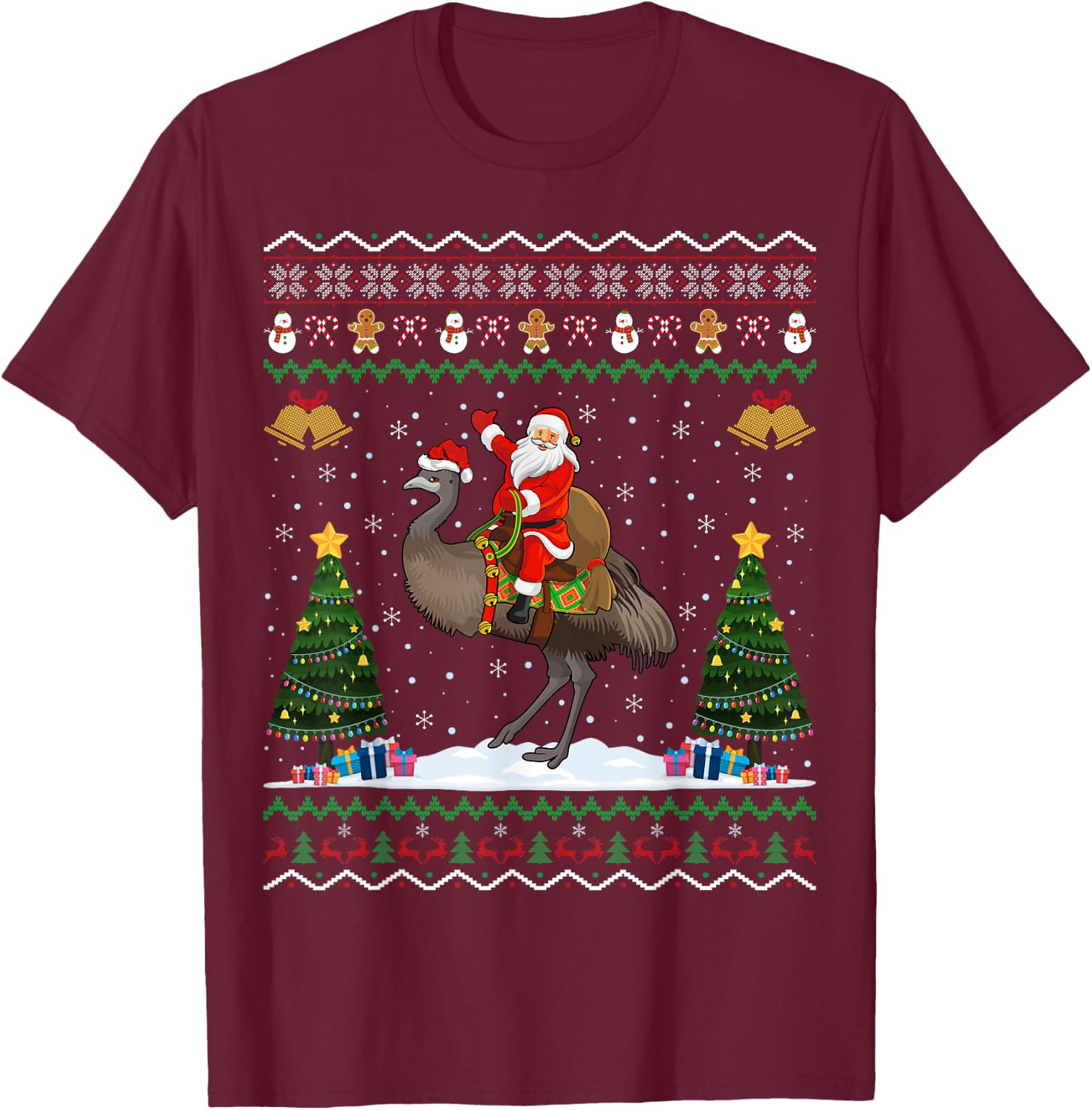 Emu Bird Ugly Xmas Gift Santa Riding Emu Christmas T-Shirt - T-Shirt | Maroon