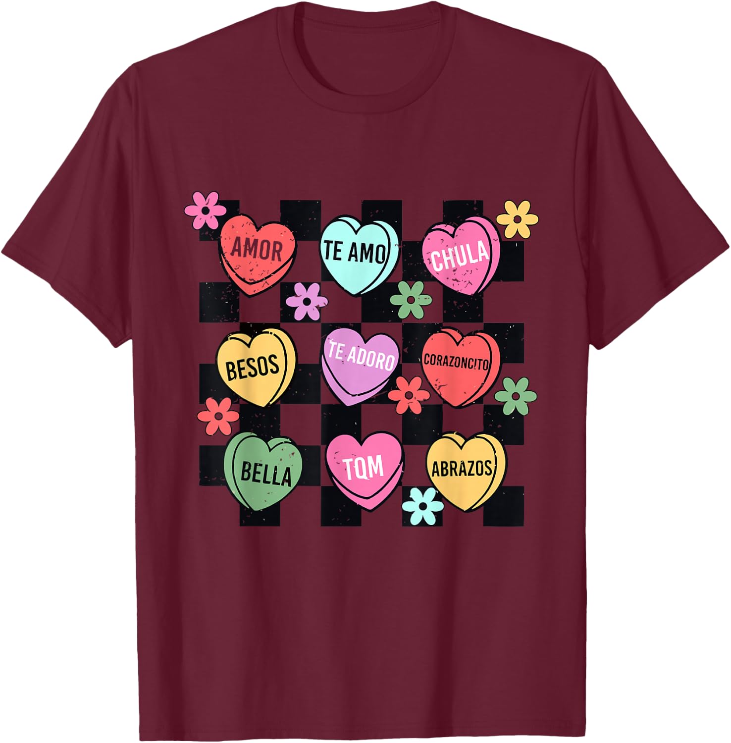 Spanish Valentine Conversation Hearts Feliz San Valentín T-Shirt - T-Shirt | Maroon