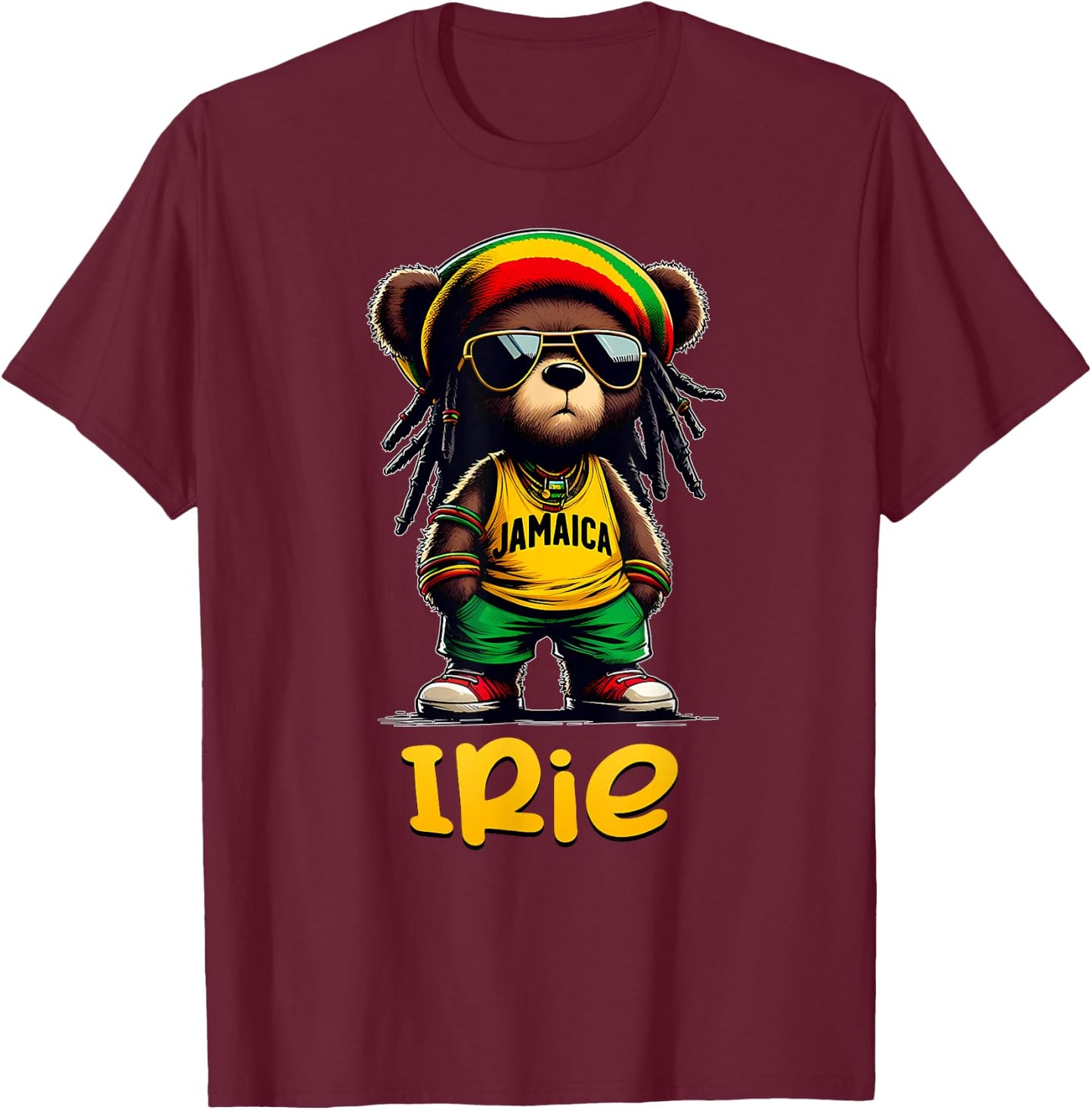 IRIE Rasta Reggae Teddy Bear Jamaica Patwa Jamaican Clothing T-Shirt - T-Shirt | Maroon