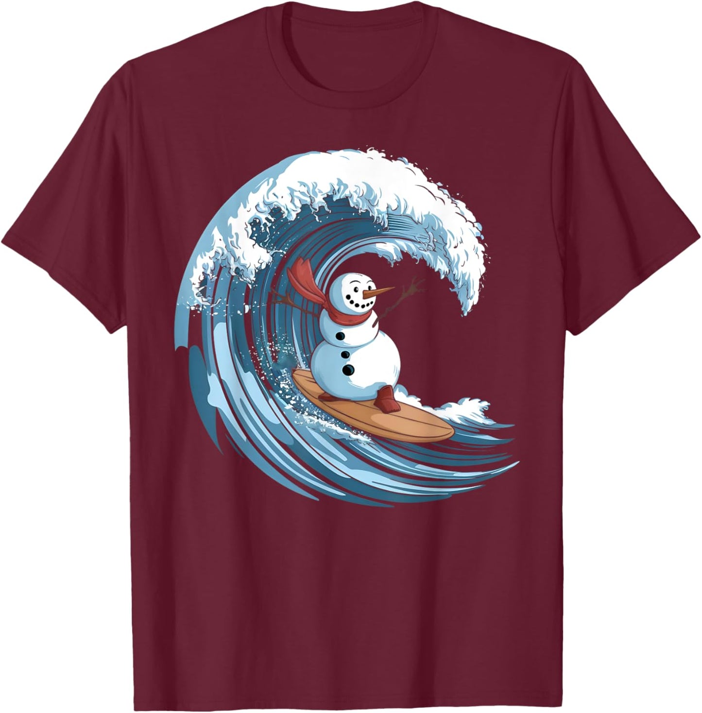 Christmas In July Snowman Surfing Surfboard Beach Waves T-Shirt - T-Shirt | Maroon
