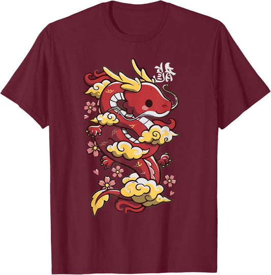 Japanese Aesthetic Dragon Symbol Kawaii Dragon Anime T-Shirt - T-Shirt | Maroon