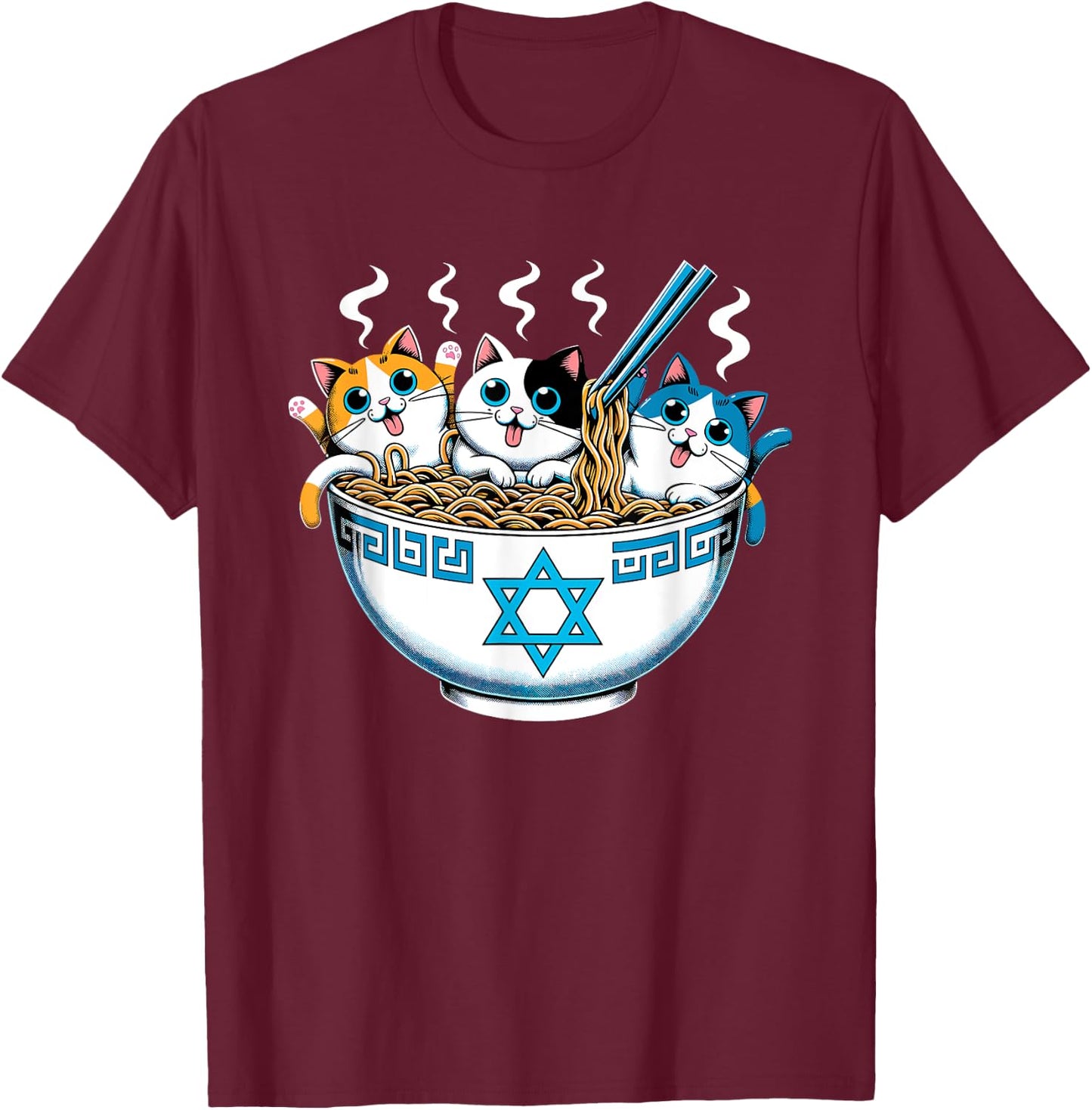Jewish Cats Ramen Kitten Anime Hanukkah Pajamas Chanukah PJs T-Shirt - T-Shirt | Maroon