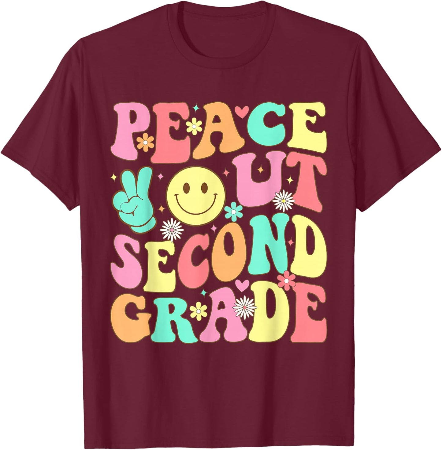 Peace Out Second Grade Groovy 2nd Grade Last Day of School T-Shirt - T-Shirt | Maroon