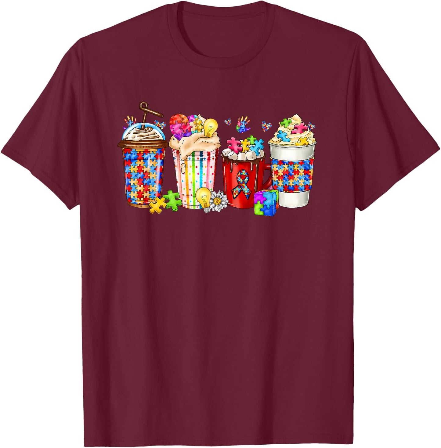 Autism Coffee Cups Puzzle Piece Autism Awareness Mom Women T-Shirt - T-Shirt | Maroon