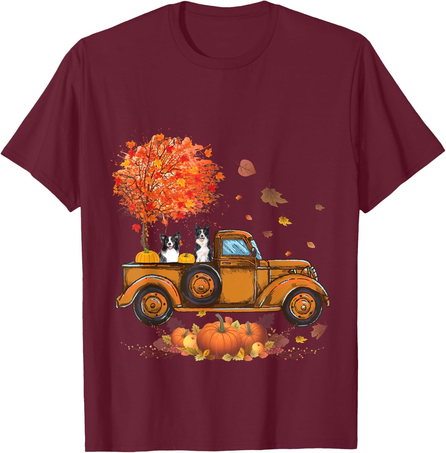Border Collie Pumpkins Truck Autumn Leaf Fall thanksgiving T-Shirt - T-Shirt | Maroon