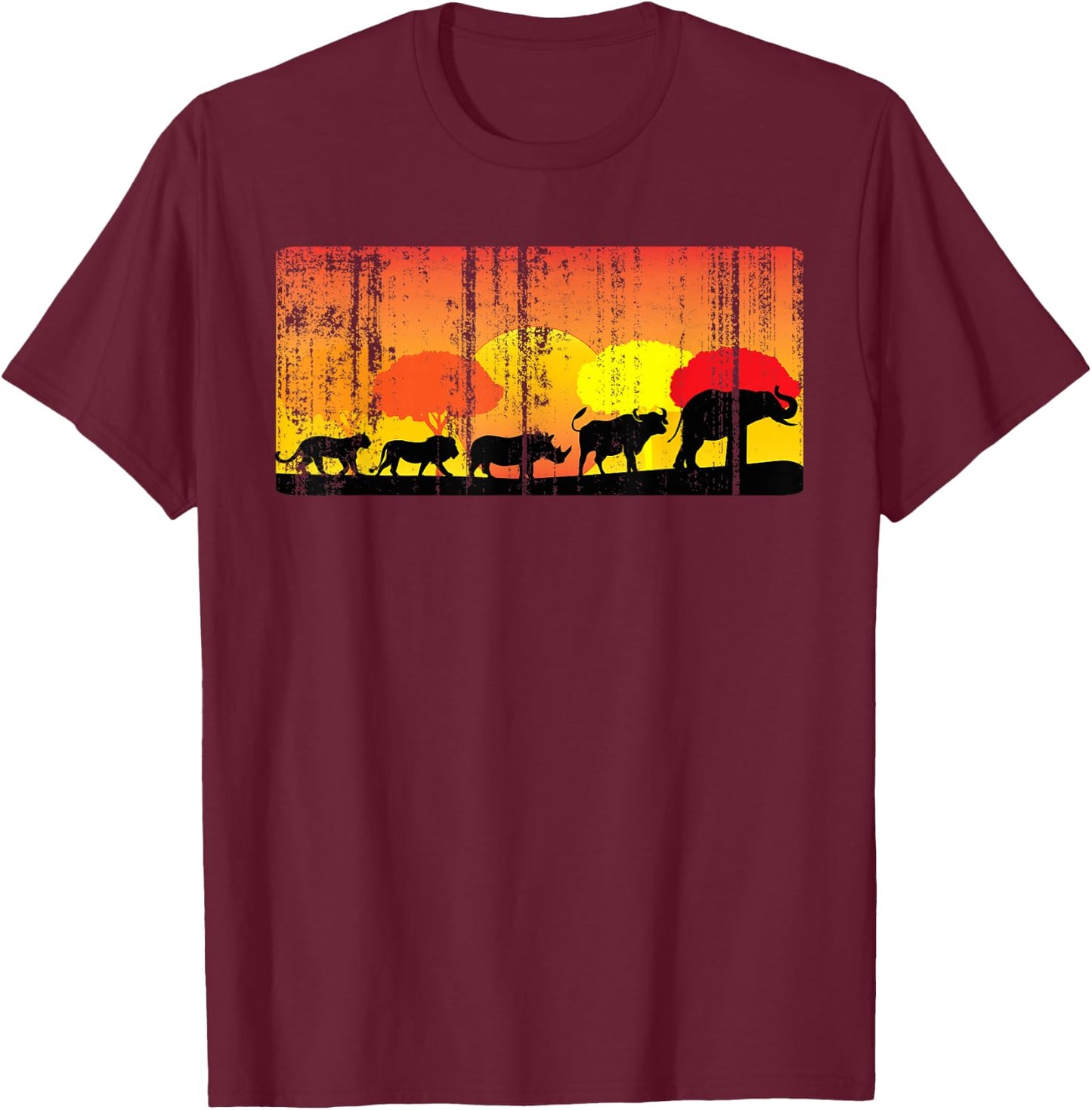Africa Big Five Animals Distressed | BIG 5 of Africa T-Shirt - T-Shirt | Maroon