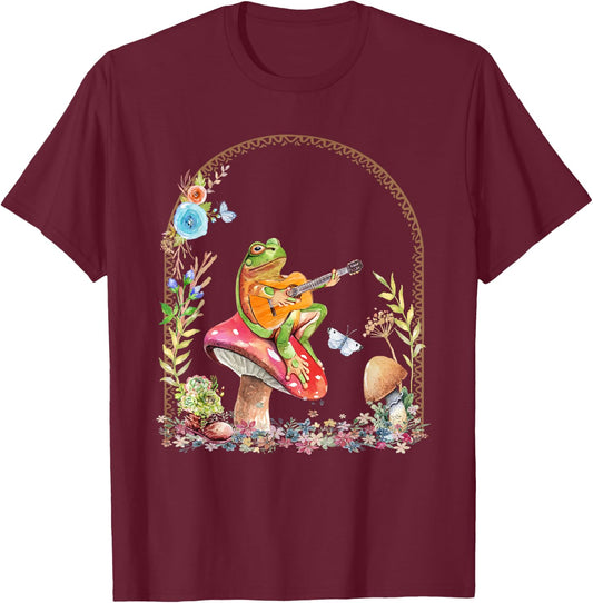 Cottagecore Kawaii Aesthetic Frog Playing Guitar Mushroom T-Shirt - T-Shirt | Maroon