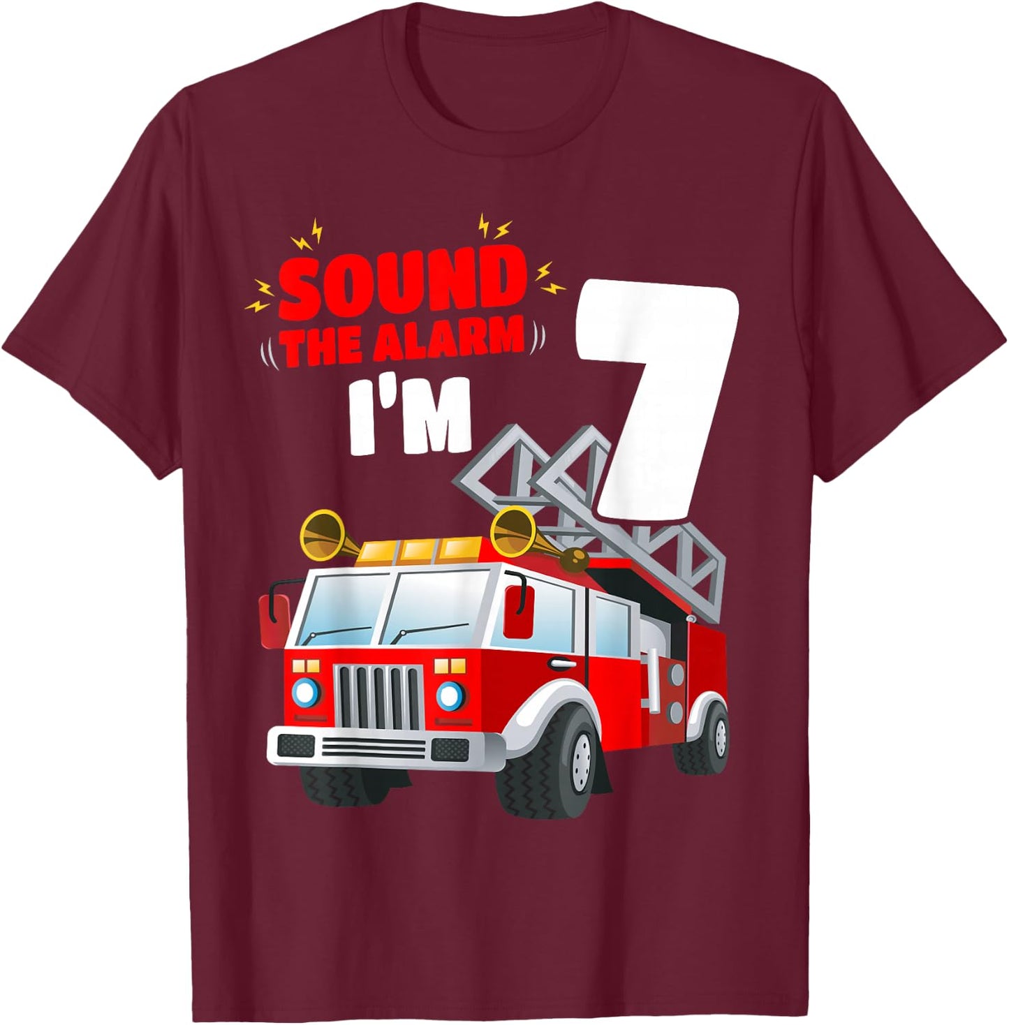 Kids Fire Truck 7th Birthday Shirt 7 Years Old FireFighter T-Shirt - T-Shirt | Maroon