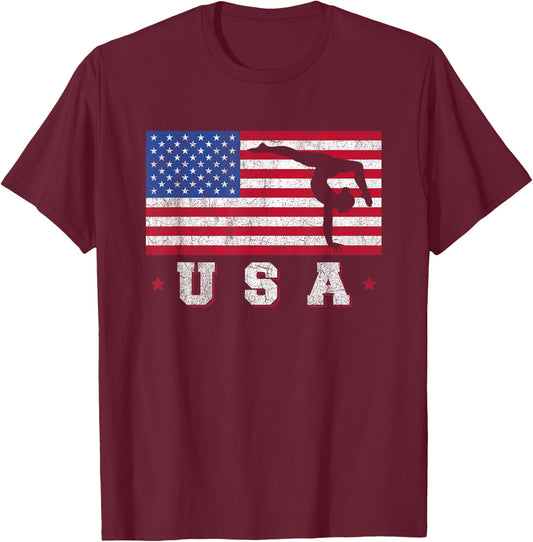 Patriotic Sports Gift American USA Flag Girls Gymnastics T-Shirt - T-Shirt | Maroon