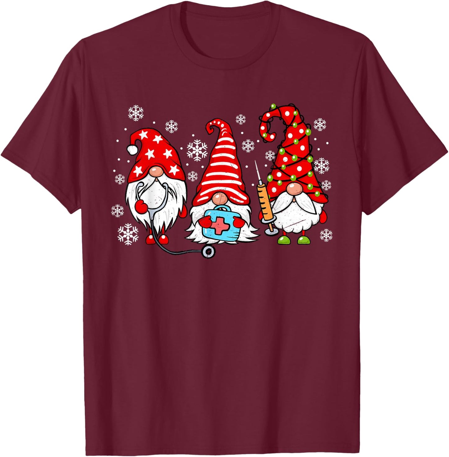 Nurse Christmas Gnomes Xmas Scrub Top ER Rn Nursing Gnomies T-Shirt - T-Shirt | Maroon