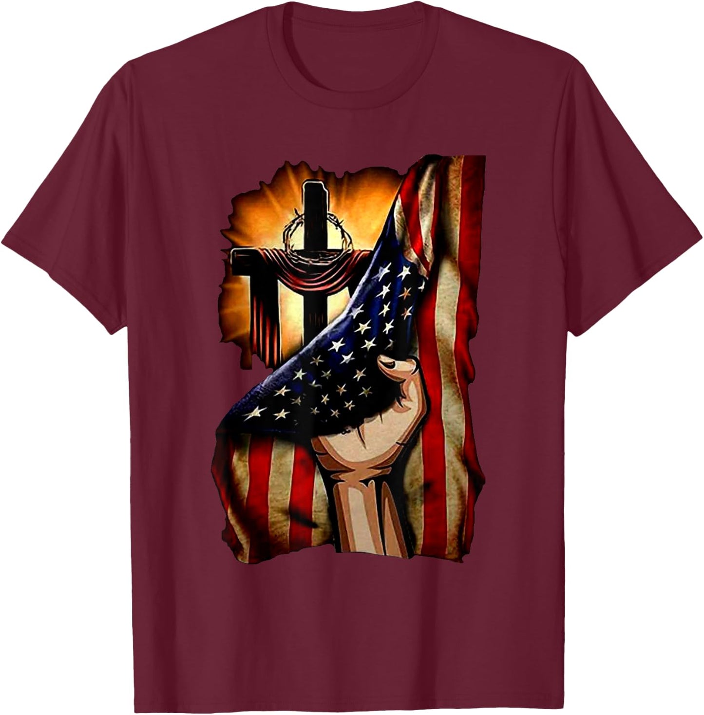Cross Christ American Flag Pride Hand Christian Lover Gift Men T-Shirt - T-Shirt | Maroon