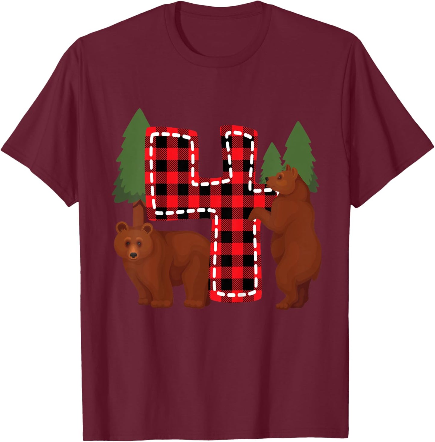 Kids 4 Year Old Lumberjack Birthday Party Bear Plaid Boy 4th Gift T-Shirt - T-Shirt | Maroon