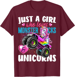 Just a Girl Who Loves Monster Trucks and Unicorns Gift Girls T-Shirt - T-Shirt | Maroon