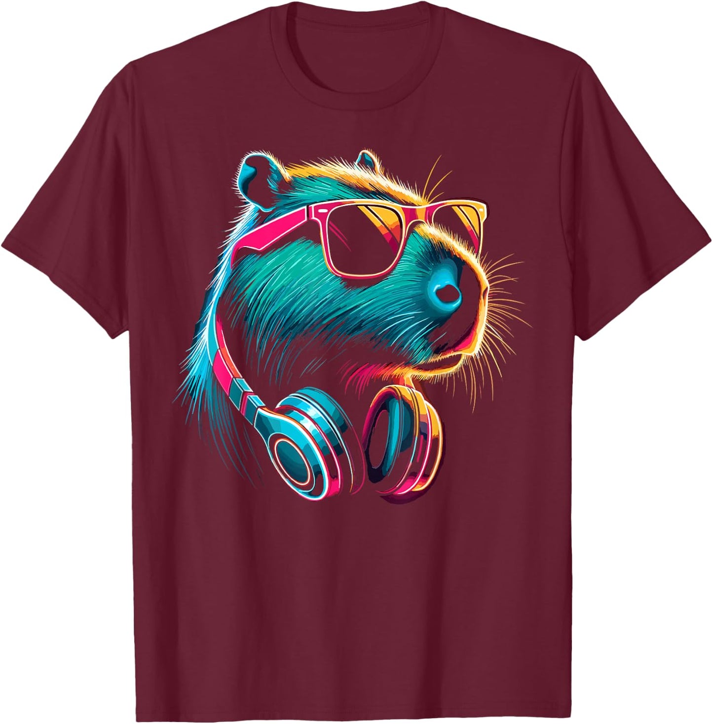 Capybara With Sunglasses And DJ Headphones T-Shirt - T-Shirt | Maroon