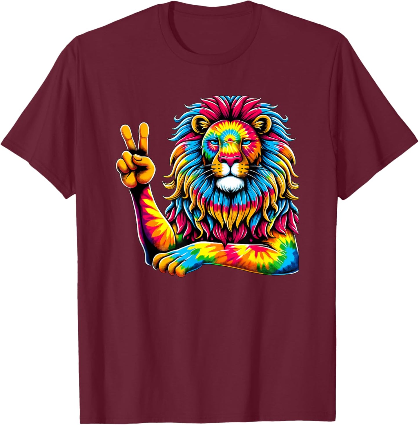 Peace Sign Tie Dye Lion T-Shirt - T-Shirt | Maroon