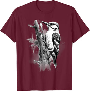 Woodpecker Artwork Portrait Drawing Wildlife Animal Print T-Shirt - T-Shirt | Maroon