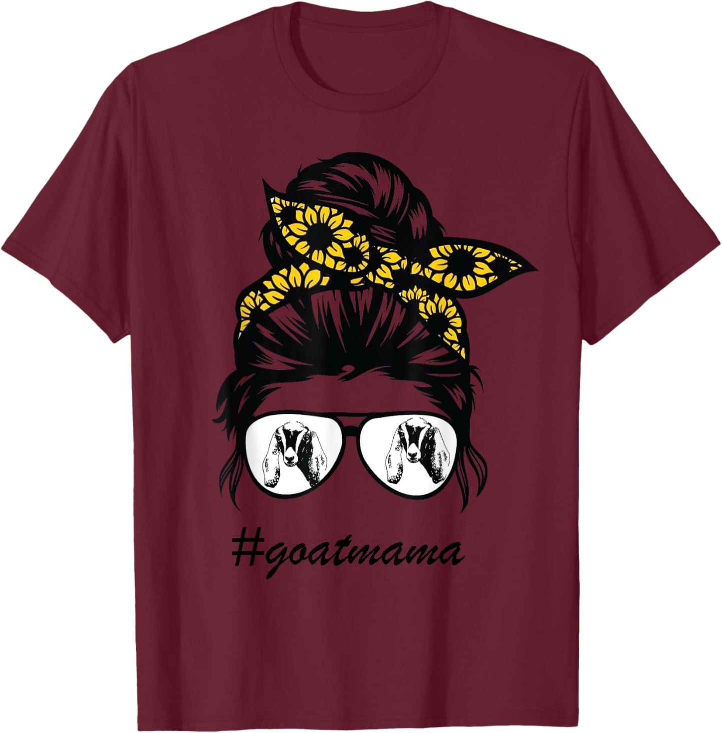 Nubians Goat Mama Messy Hair Bun Sunflower Mother Day 2021 T-Shirt - T-Shirt | Maroon