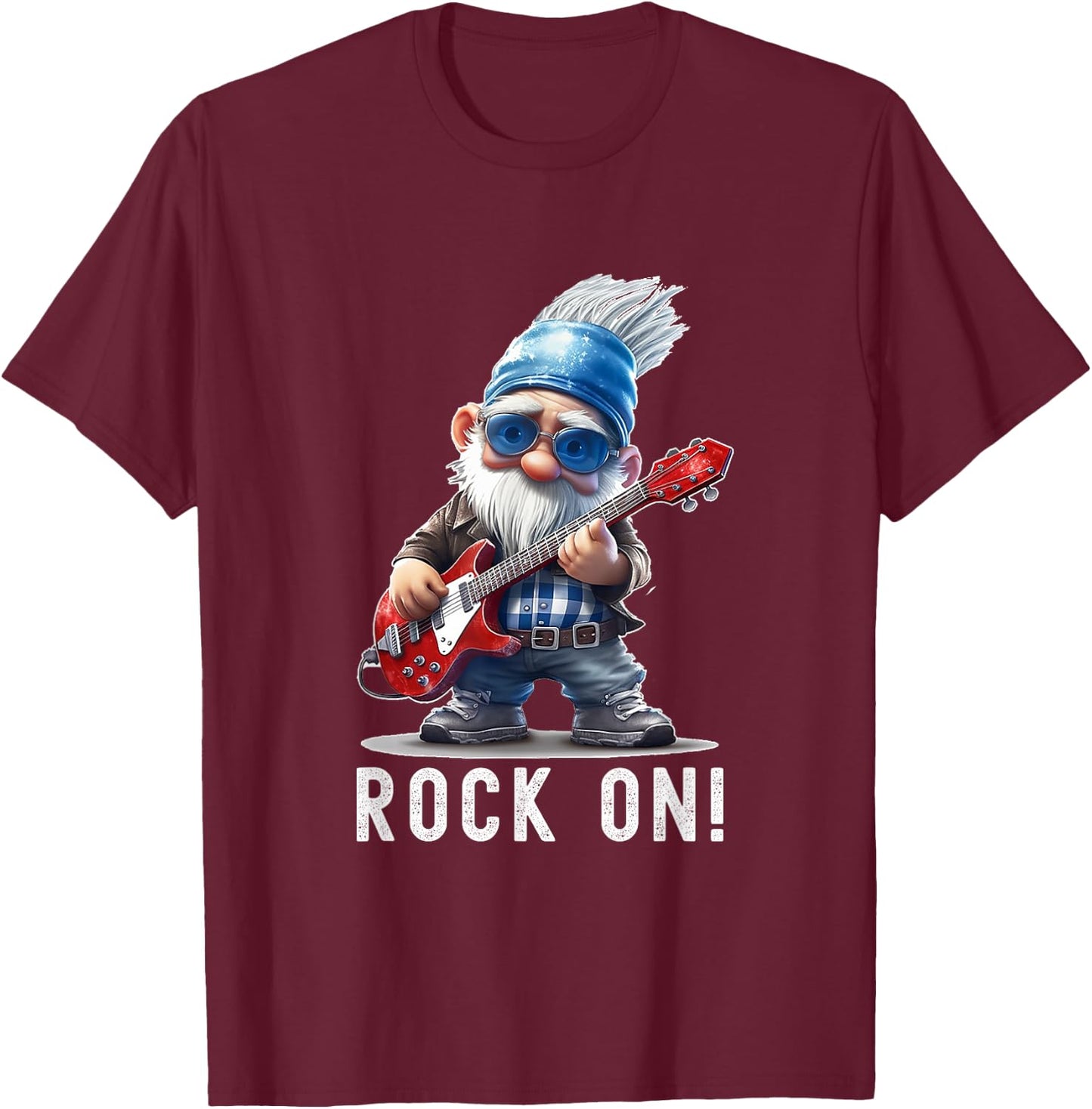 Rock On Gnome Playing Guitar Funny Guitar Playing Old Gnome T-Shirt - T-Shirt | Maroon