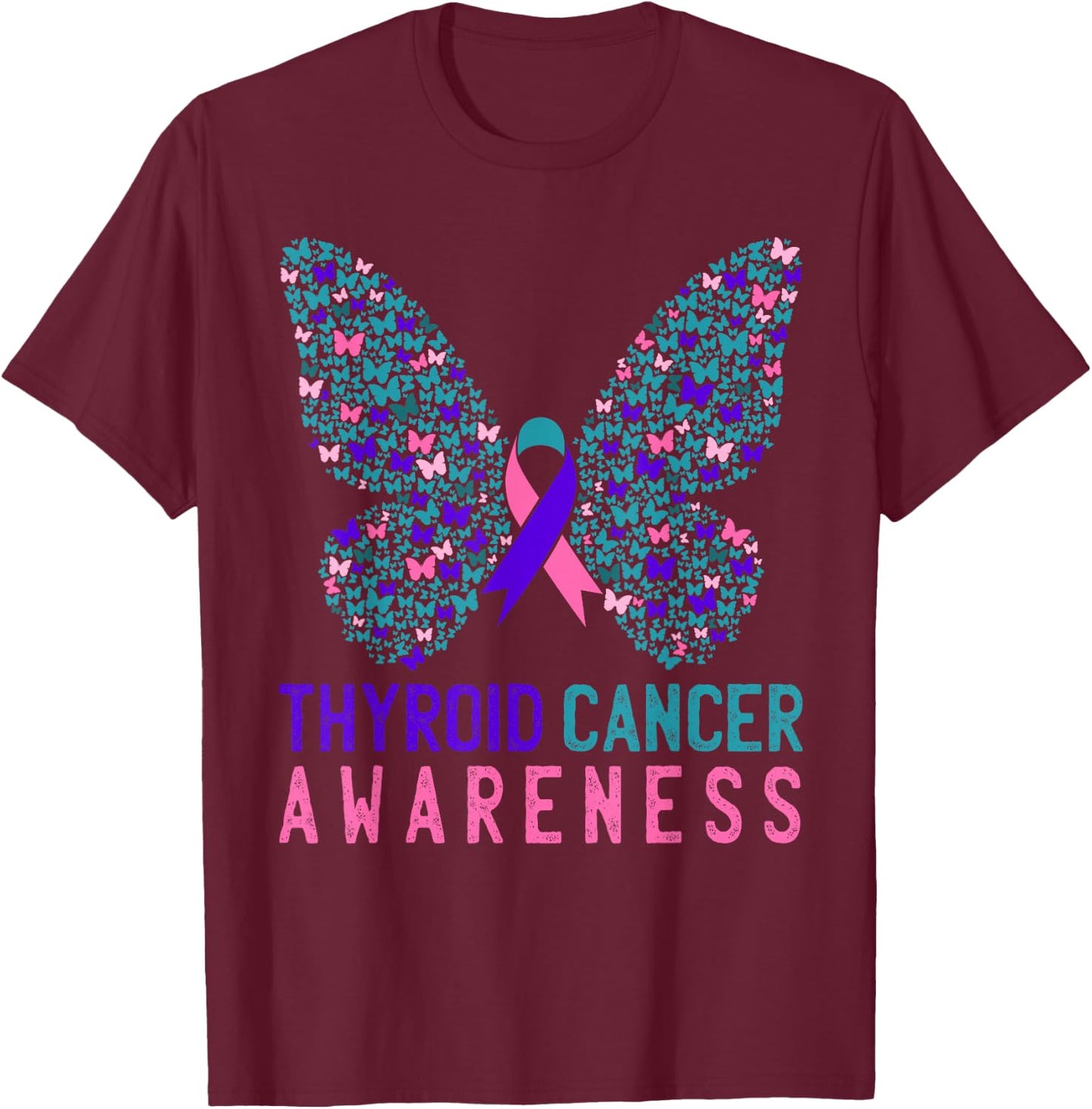 Butterfly Thyroid Cancer Awareness Month Ribbon Gift Support T-Shirt - T-Shirt | Maroon