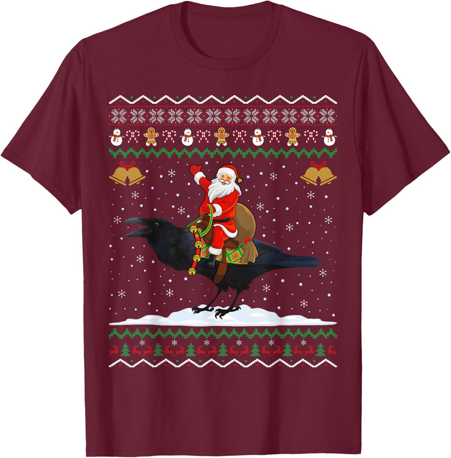 Raven Ugly Xmas Gift Santa Riding Raven Christmas T-Shirt - T-Shirt | Maroon