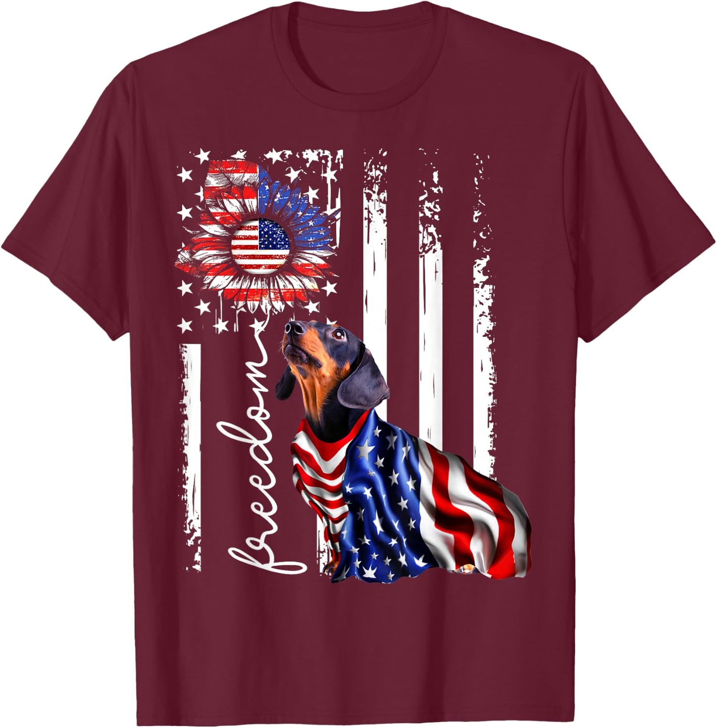 Patriotic 4th of July Weiner Dachshund Dog Freedom T-Shirt - T-Shirt | Maroon