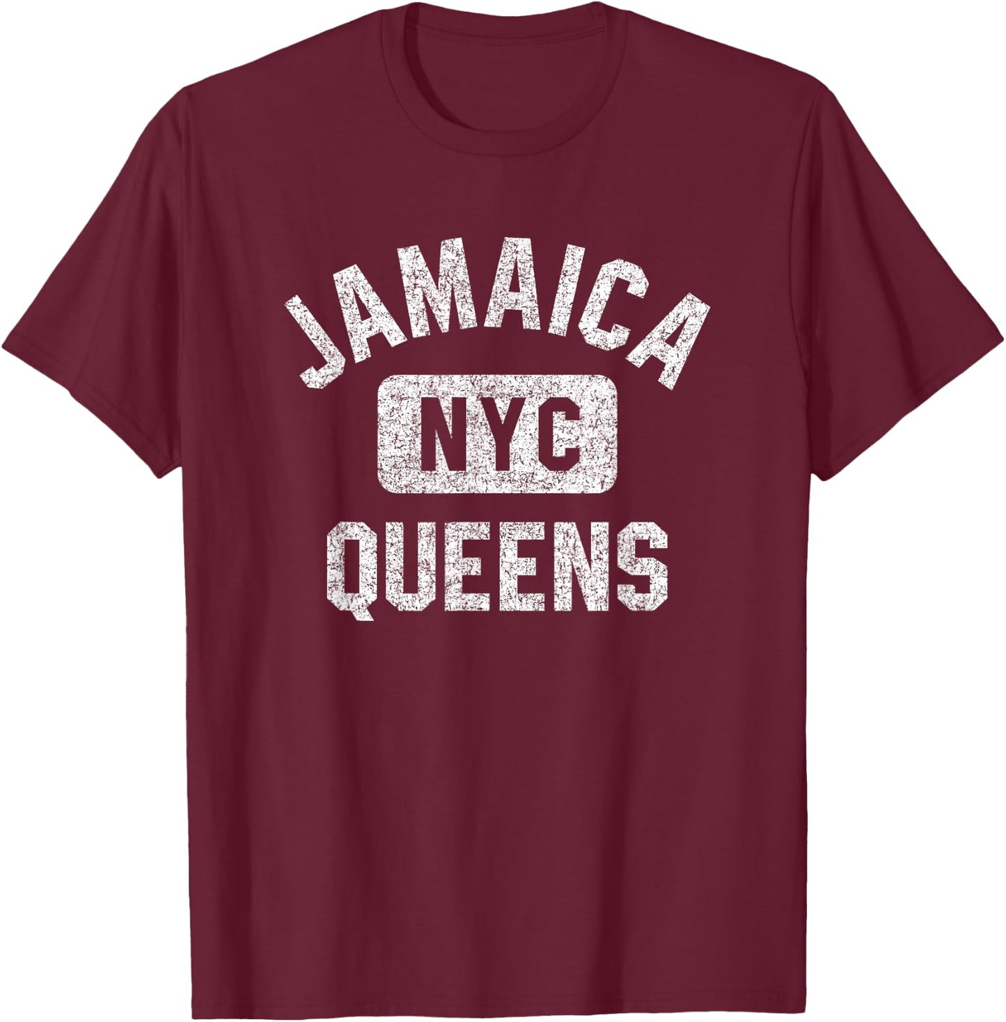 Jamaica Queens NYC Gym Style Distressed White Print T-Shirt - T-Shirt | Maroon