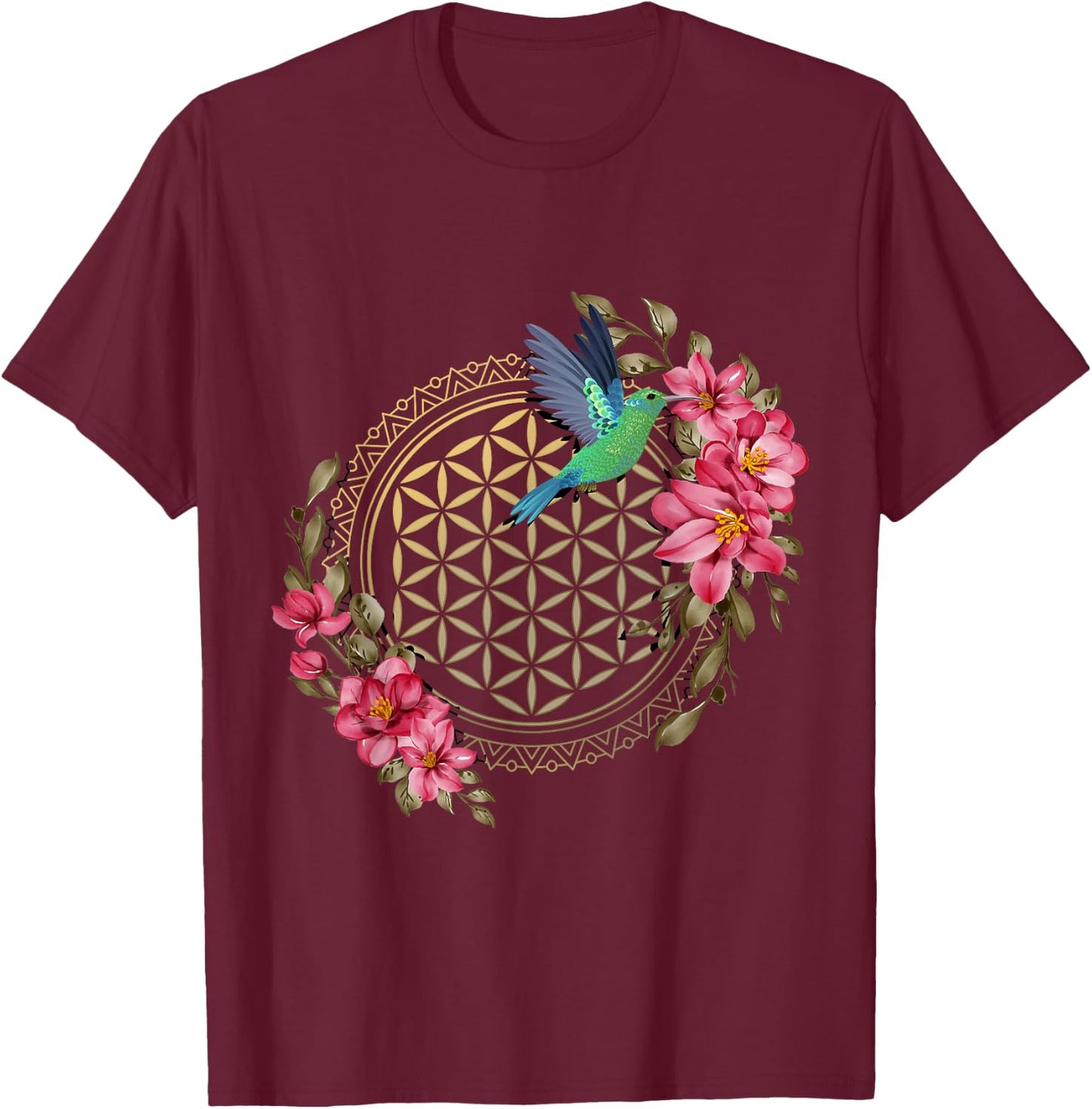 Hummingbirds Sacred Geometry Flower Of Life Hummingbird T-Shirt - T-Shirt | Maroon
