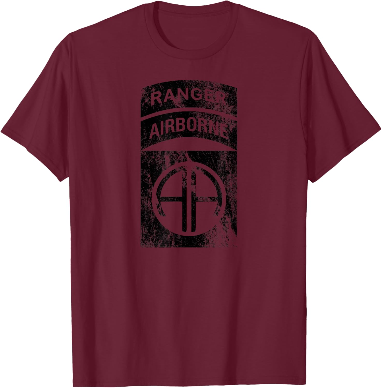 82nd Airborne Div Patch Ranger Tab Cent Dark Grey Distressed T-Shirt - T-Shirt | Maroon