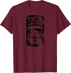 82nd Airborne Div Patch Ranger Tab Cent Dark Grey Distressed T-Shirt - T-Shirt | Maroon