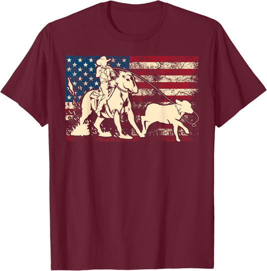 Funny Team Roping Rodeo Gift US Flag Cool Cowboy Men Women T-Shirt - T-Shirt | Maroon