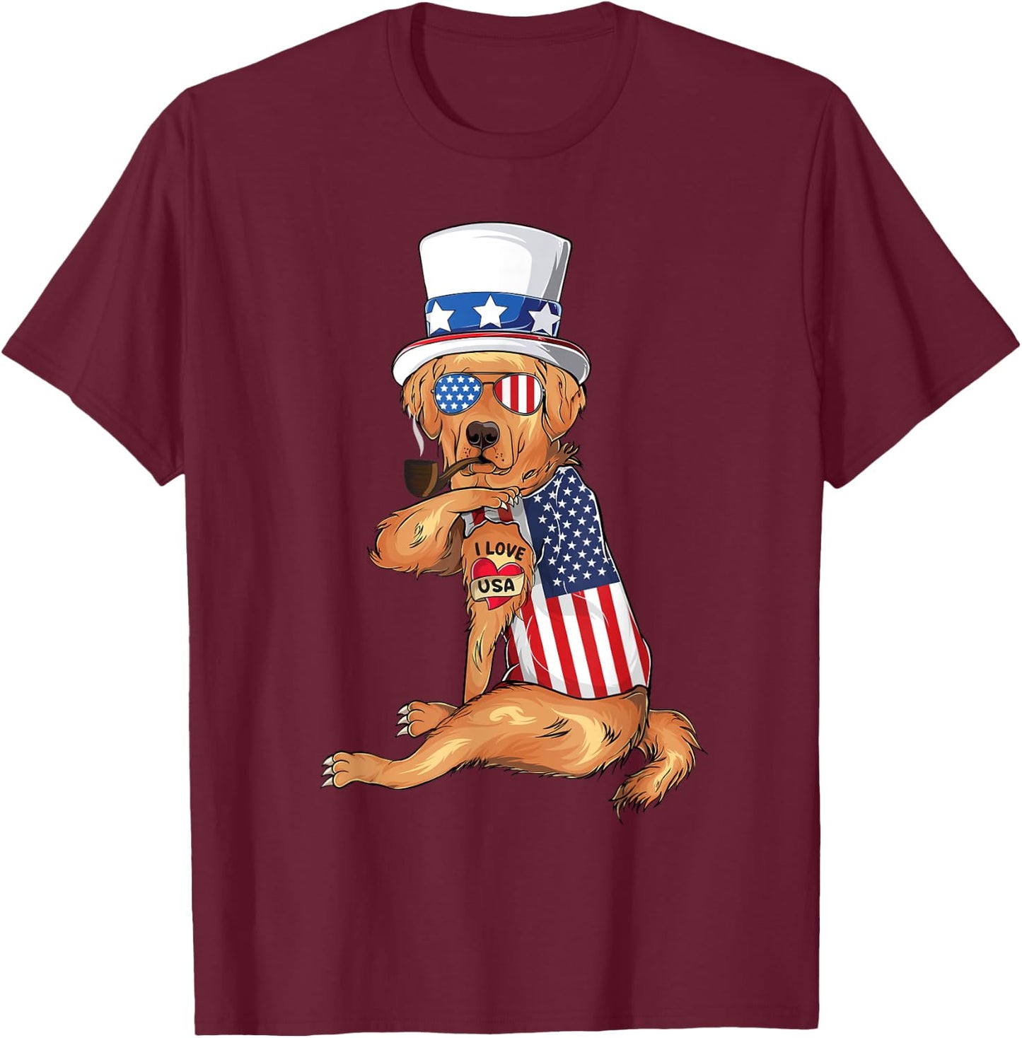 golden retriever dog Merica 4th of july usa american flag T-Shirt - T-Shirt | Maroon