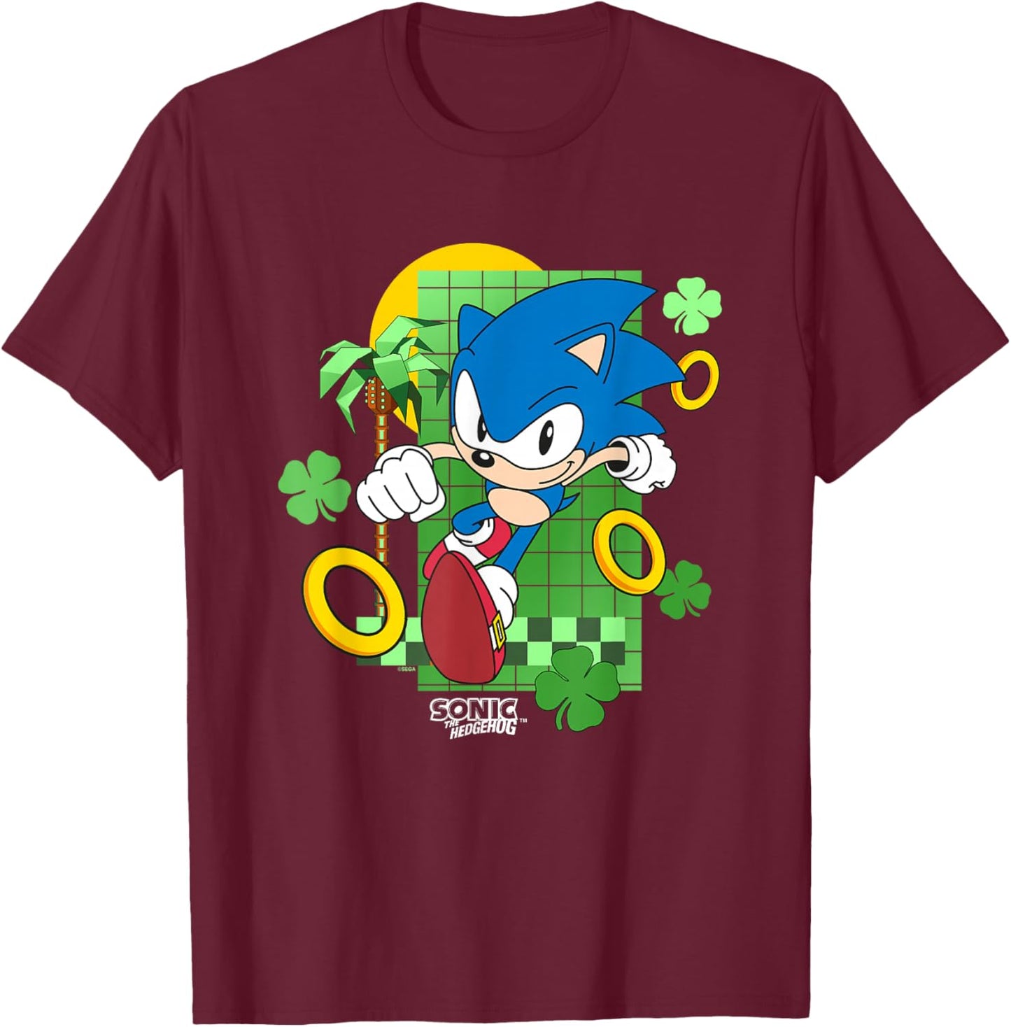 Sonic The Hedgehog St. Patrick's Day Running Through Clovers T-Shirt - T-Shirt | Maroon
