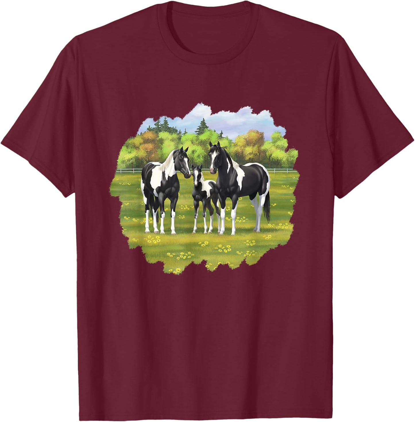 Beautiful Black Pinto Paint Horses In Summer Pasture Men Women Kids T-Shirt - T-Shirt | Maroon