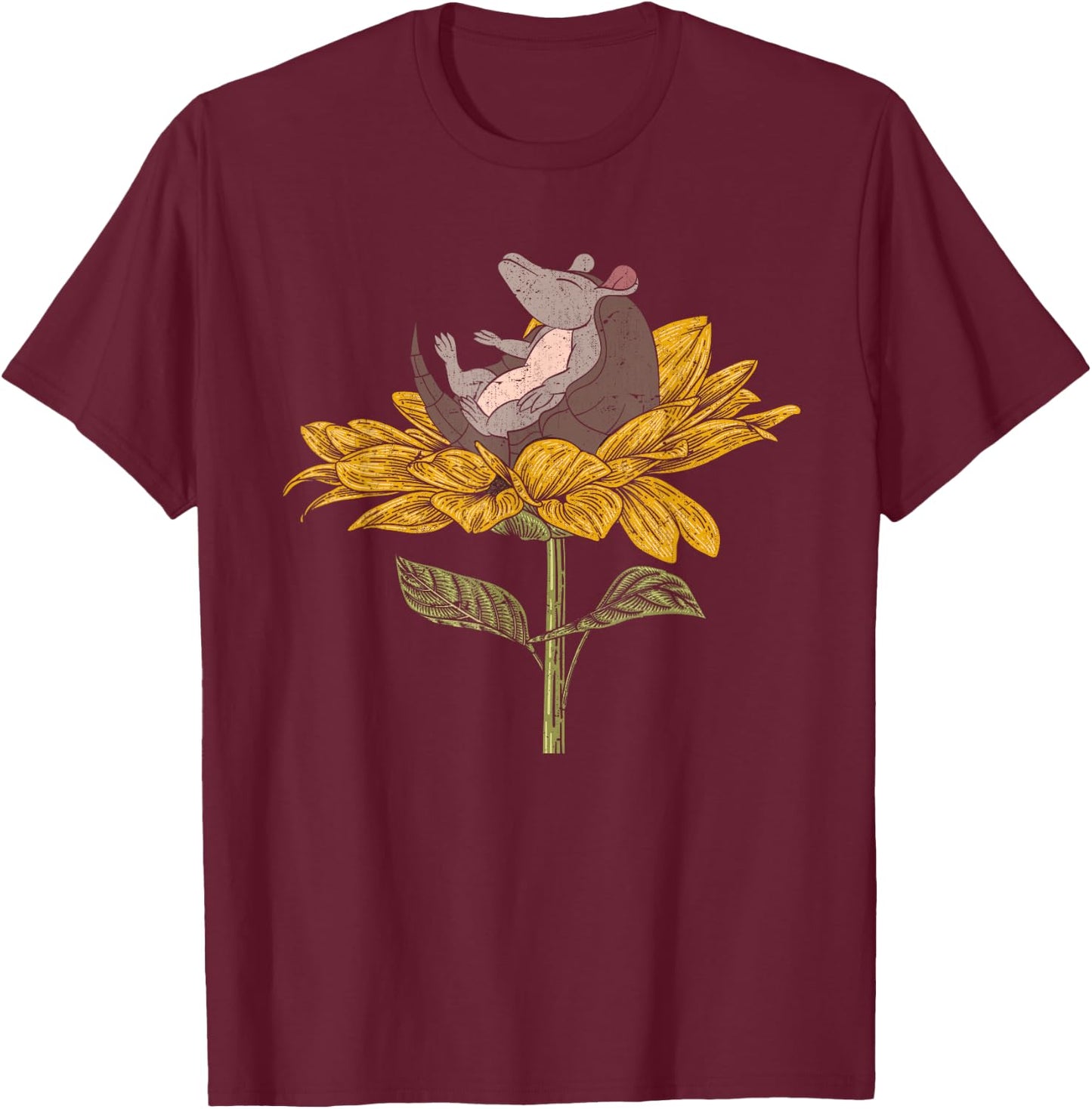 Sunflower Yellow Flower Wildlife Animal Floral Armadillo T-Shirt - T-Shirt | Maroon