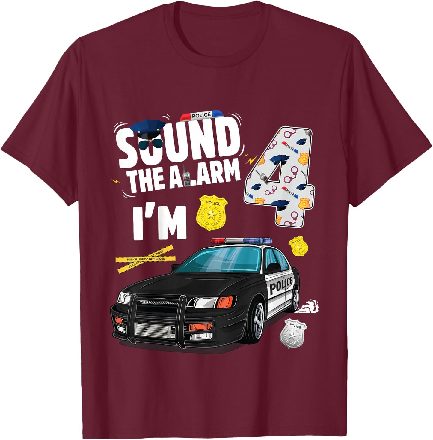 Kids Police Car 4th Birthday Boy 4 year old Cop Policeman Officer T-Shirt - T-Shirt | Maroon